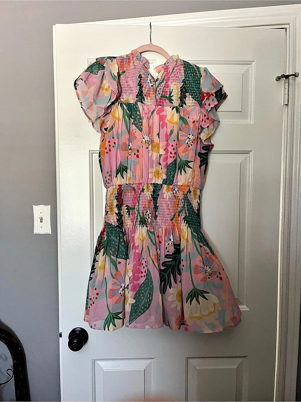 Entro Pink Floral Print Smocked Flutter Dress in Pink & Green - Picture 2 of 2